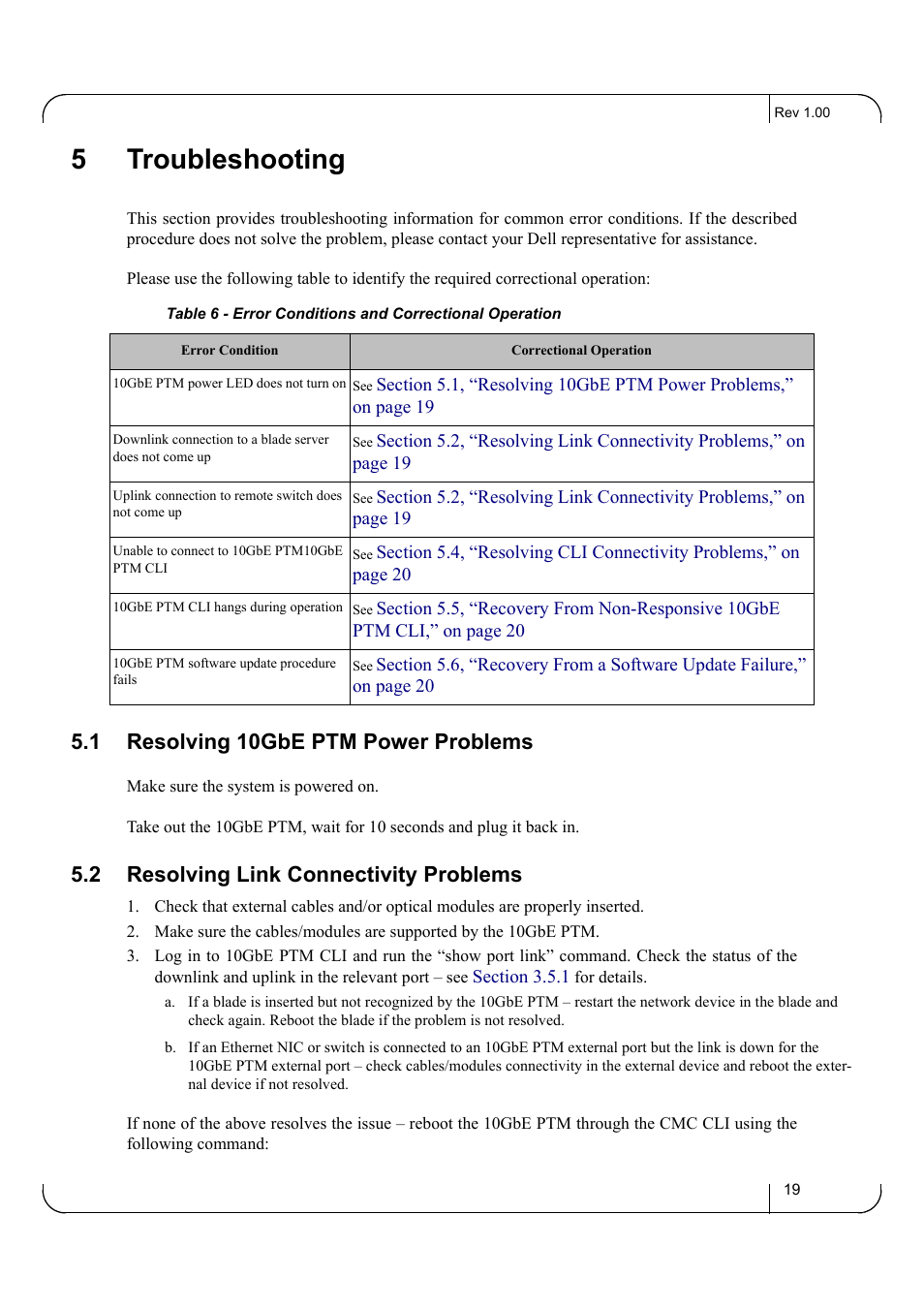 5 troubleshooting, 1 resolving 10gbe ptm power problems, 2 resolving link connectivity problems | Chapter 5 troubleshooting, Resolving 10gbe ptm power problems, Resolving link connectivity problems, 5troubleshooting | Dell POWEREDGE M1000E User Manual | Page 19 / 20