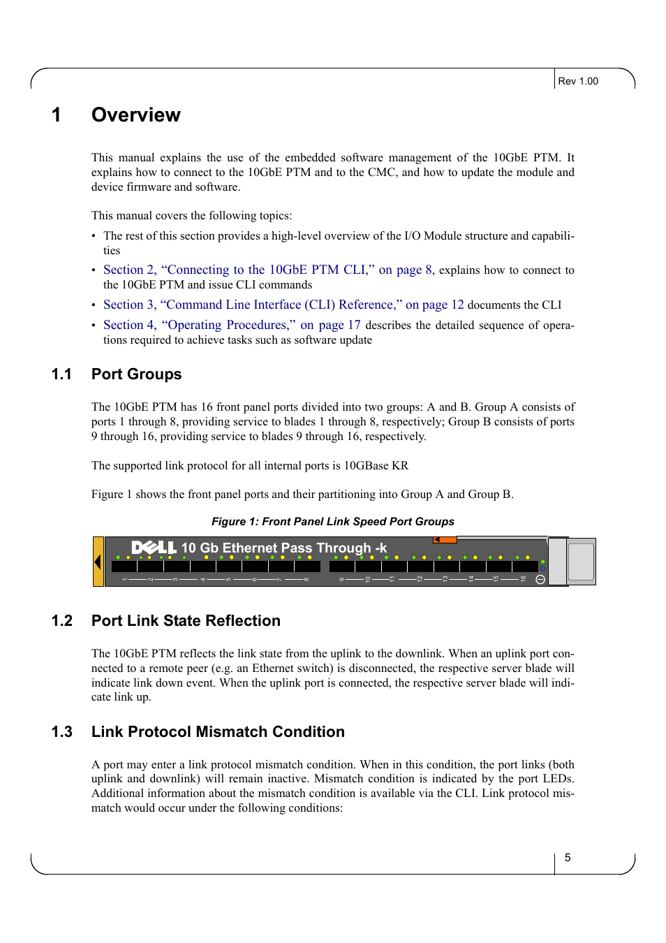 1 overview, 1 port groups, 2 port link state reflection | 3 link protocol mismatch condition, Chapter 1 overview, Port groups, Port link state reflection, Link protocol mismatch condition, 1overview, 10 gb ethernet pass through -k | Dell POWEREDGE M1000E User Manual | Page 5 / 20