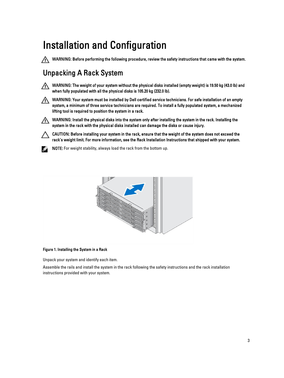 Installation and configuration, Unpacking a rack system | Dell PowerVault MD3260i User Manual | Page 3 / 9