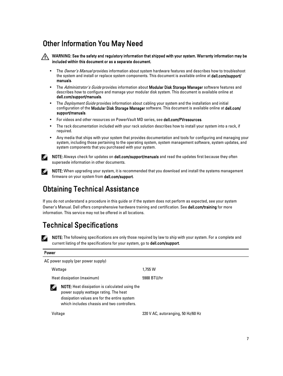 Other information you may need, Obtaining technical assistance, Technical specifications | Dell PowerVault MD3260i User Manual | Page 7 / 9