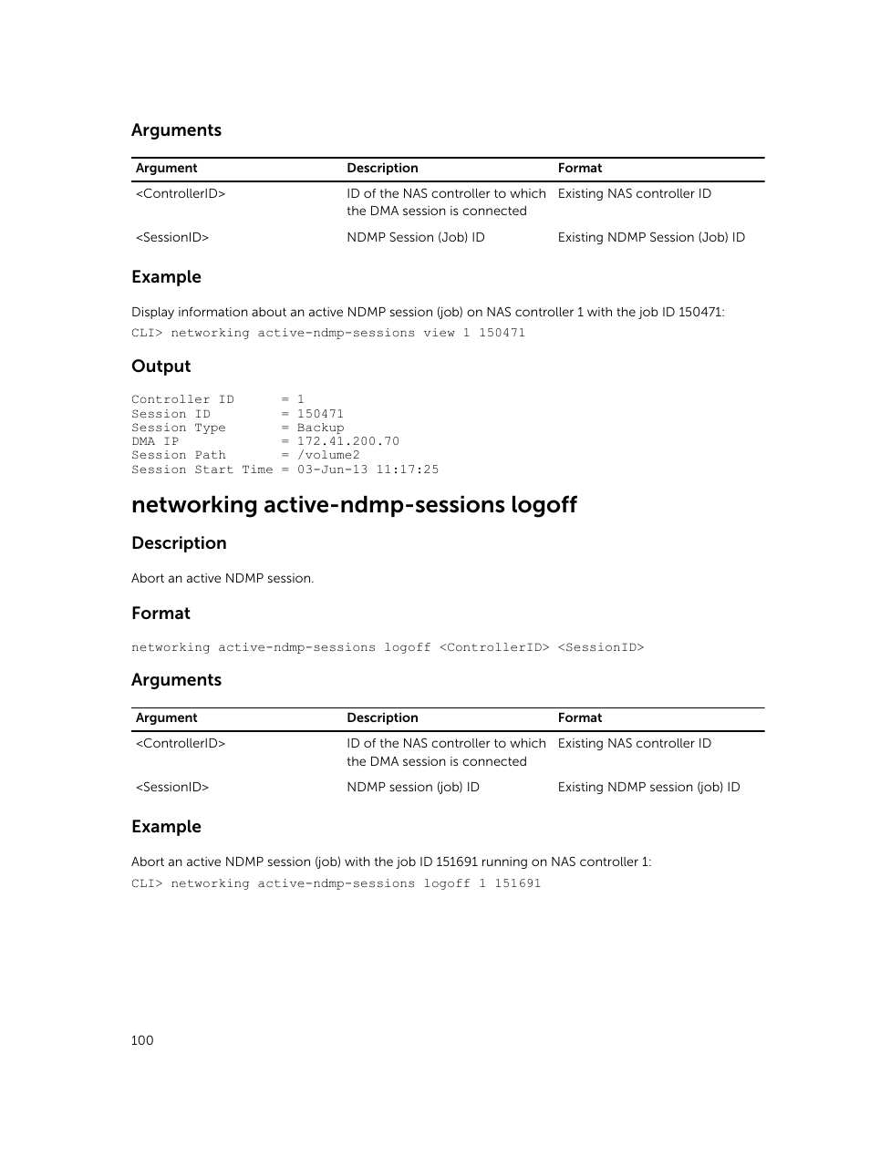 Networking active-ndmp-sessions logoff, Arguments, Example | Output, Description, Format | Dell PowerVault NX3600 User Manual | Page 100 / 245