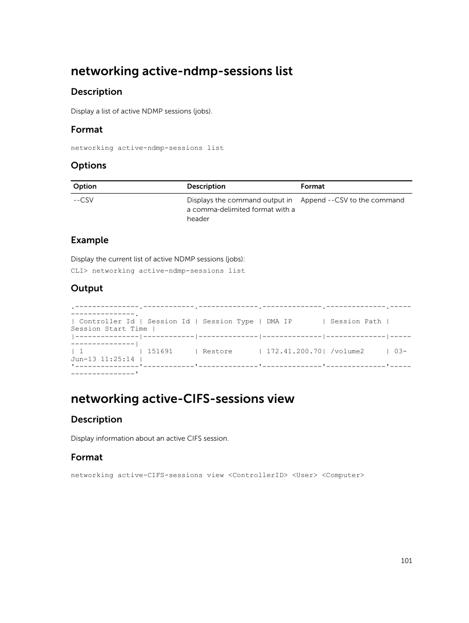 Networking active-ndmp-sessions list, Networking active-cifs-sessions view | Dell PowerVault NX3600 User Manual | Page 101 / 245