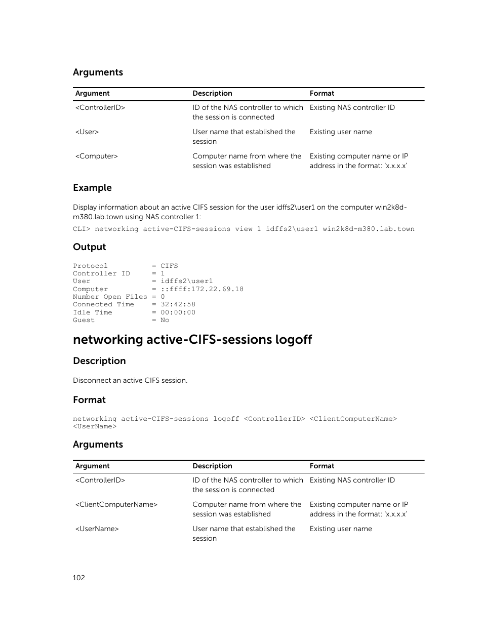 Networking active-cifs-sessions logoff, Arguments, Example | Output, Description, Format | Dell PowerVault NX3600 User Manual | Page 102 / 245