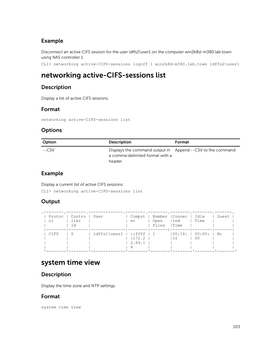 Networking active-cifs-sessions list, System time view | Dell PowerVault NX3600 User Manual | Page 103 / 245