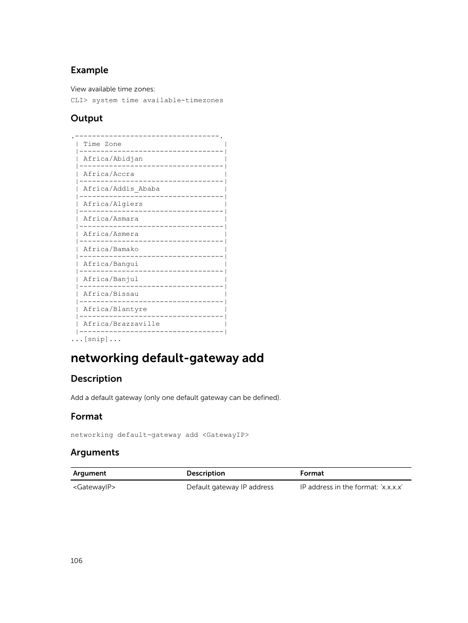 Networking default-gateway add, Example, Output | Description, Format, Arguments | Dell PowerVault NX3600 User Manual | Page 106 / 245