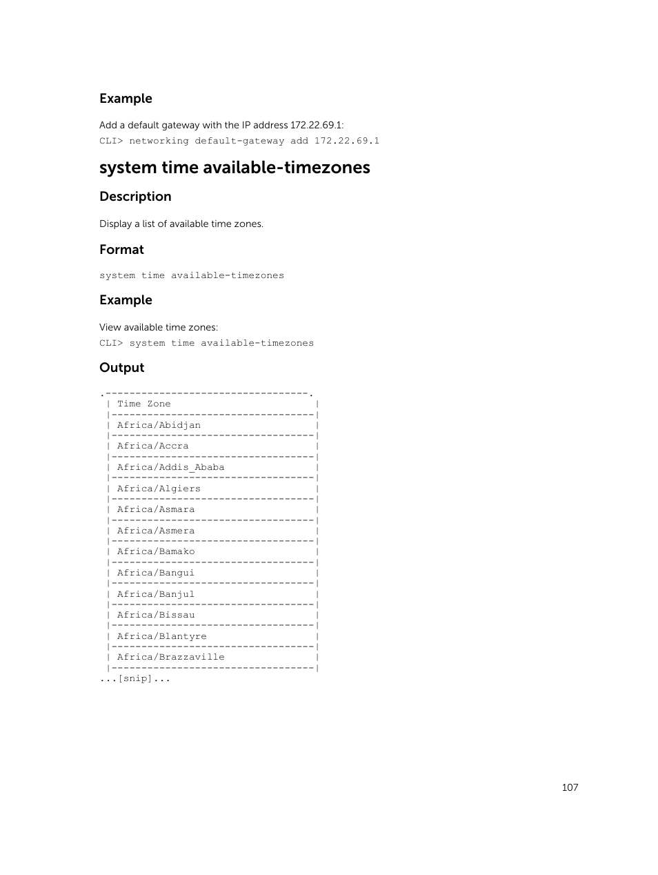 System time available-timezones, Example, Description | Format, Output | Dell PowerVault NX3600 User Manual | Page 107 / 245
