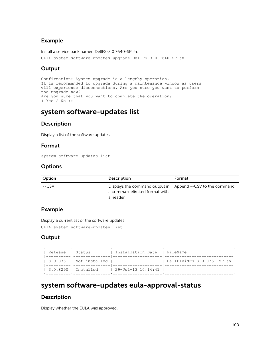System software-updates list, System software-updates eula-approval-status | Dell PowerVault NX3600 User Manual | Page 109 / 245