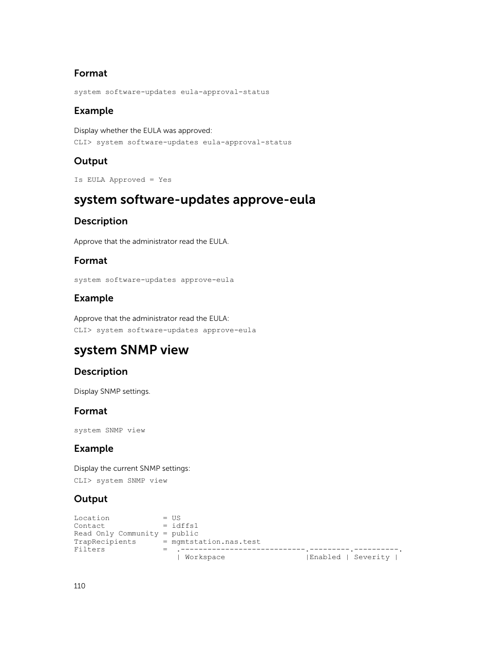 System software-updates approve-eula, System snmp view | Dell PowerVault NX3600 User Manual | Page 110 / 245