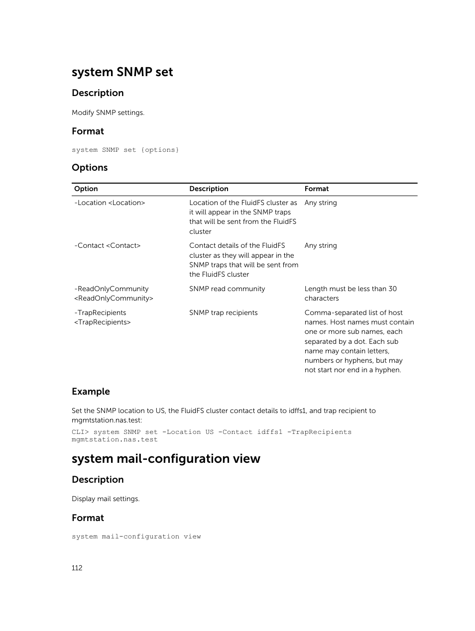 System snmp set, System mail-configuration view | Dell PowerVault NX3600 User Manual | Page 112 / 245