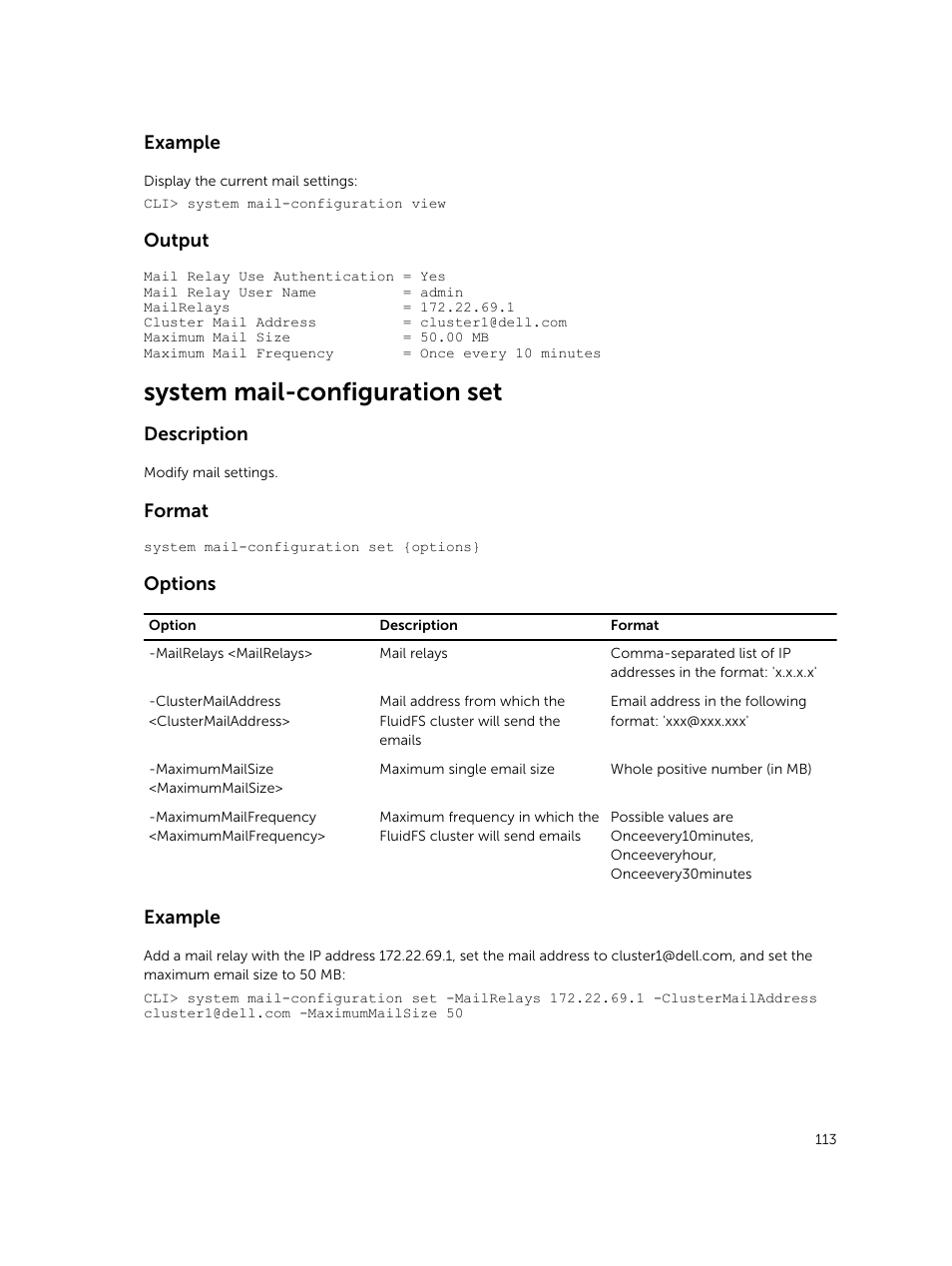 System mail-configuration set, Example, Output | Description, Format, Options | Dell PowerVault NX3600 User Manual | Page 113 / 245