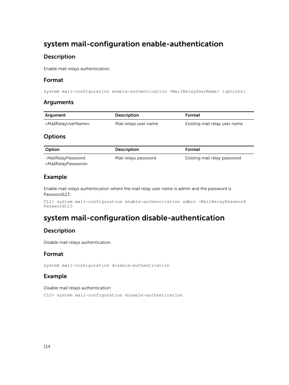 System mail-configuration enable-authentication, System mail-configuration disable-authentication | Dell PowerVault NX3600 User Manual | Page 114 / 245