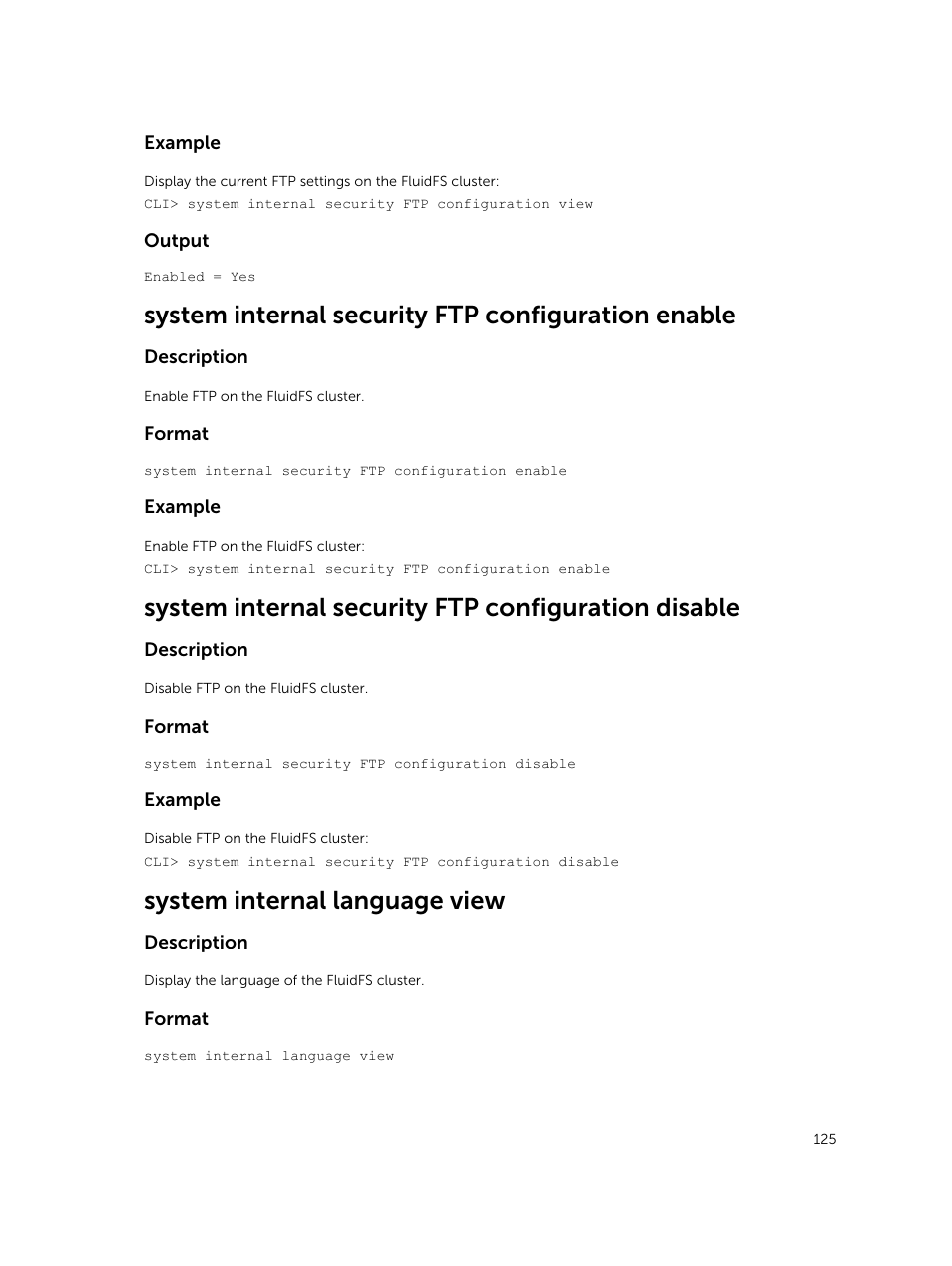 System internal security ftp configuration enable, System internal security ftp configuration disable, System internal language view | Dell PowerVault NX3600 User Manual | Page 125 / 245