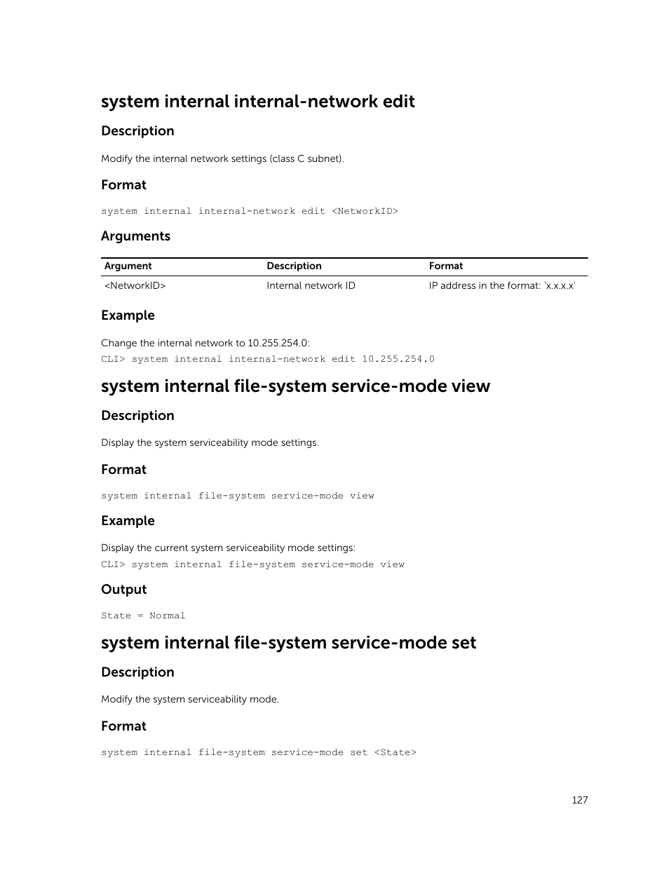 System internal internal-network edit, System internal file-system service-mode view, System internal file-system service-mode set | Dell PowerVault NX3600 User Manual | Page 127 / 245