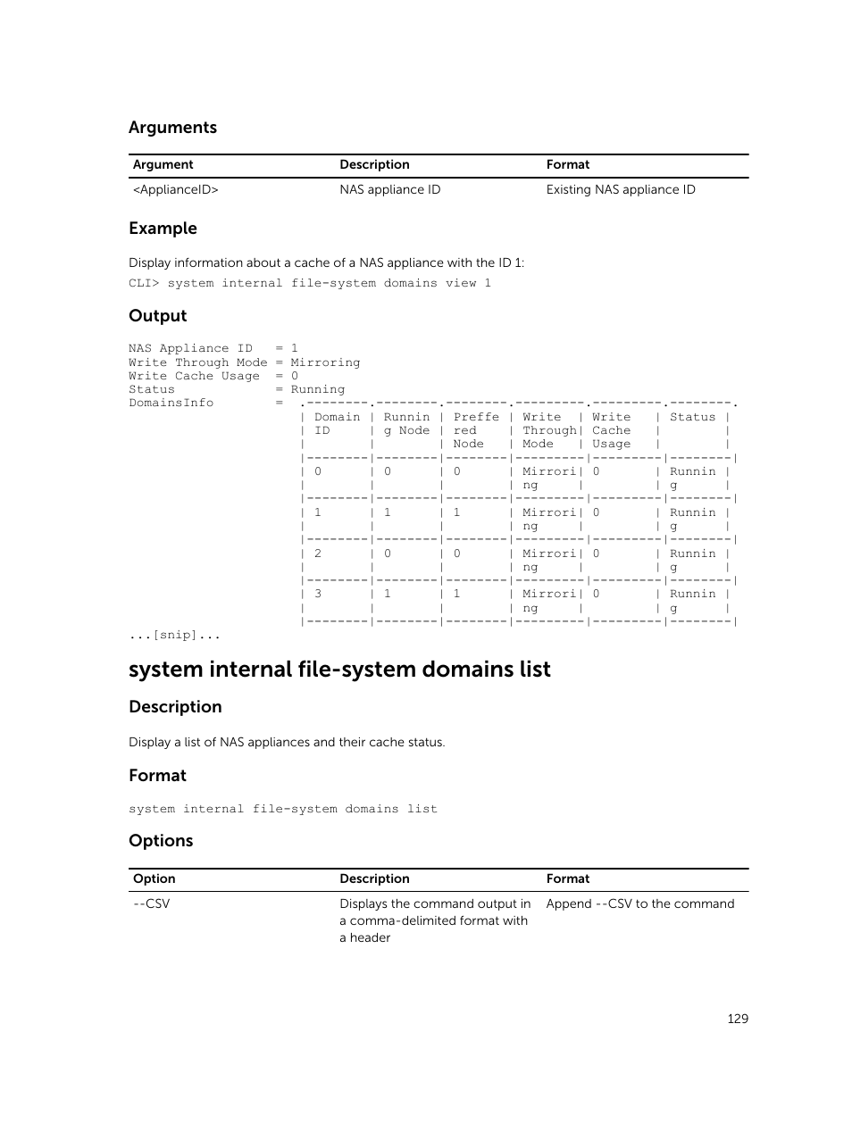 System internal file-system domains list, Arguments, Example | Output, Description, Format, Options | Dell PowerVault NX3600 User Manual | Page 129 / 245