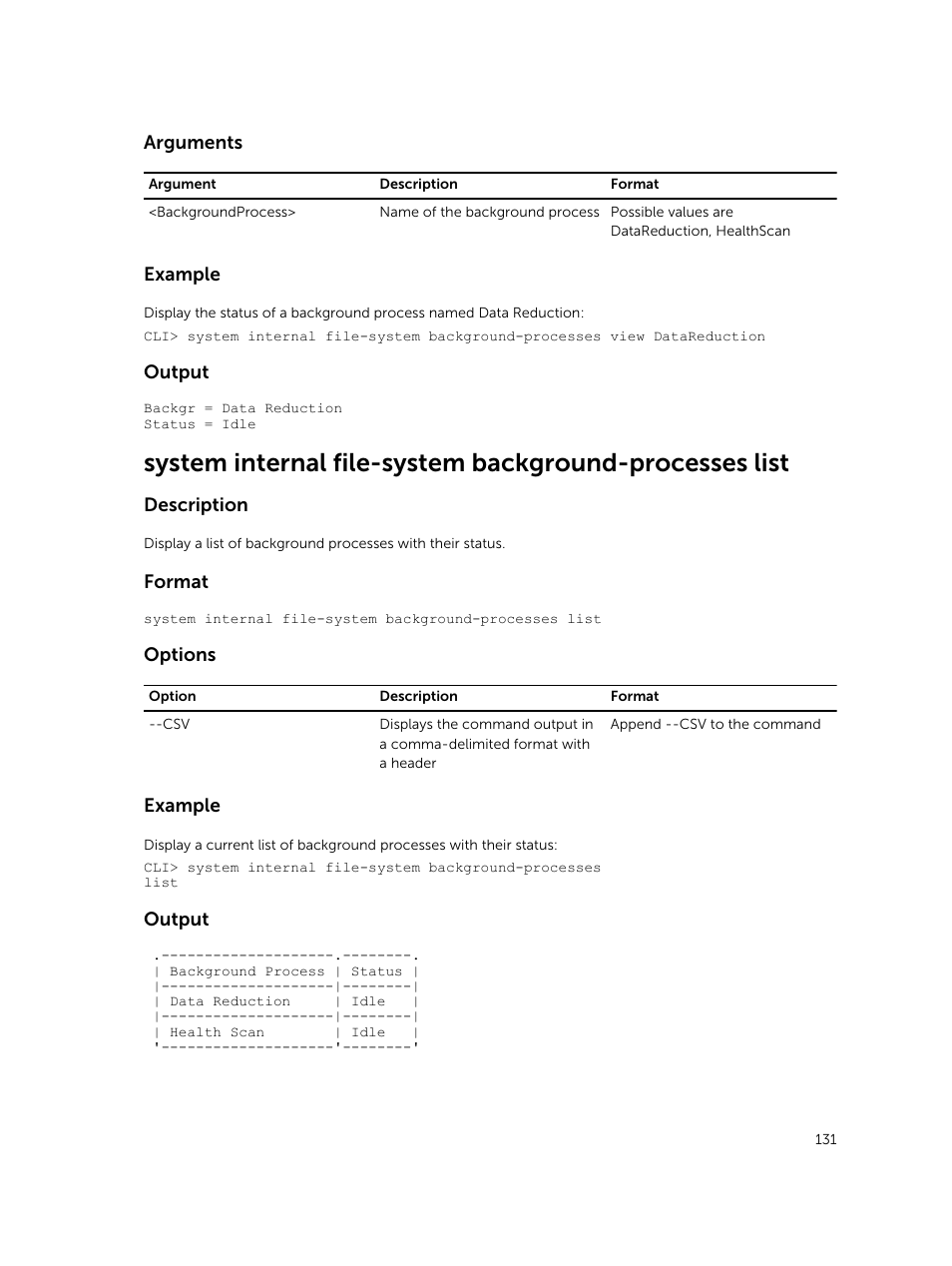 Arguments, Example, Output | Description, Format, Options | Dell PowerVault NX3600 User Manual | Page 131 / 245