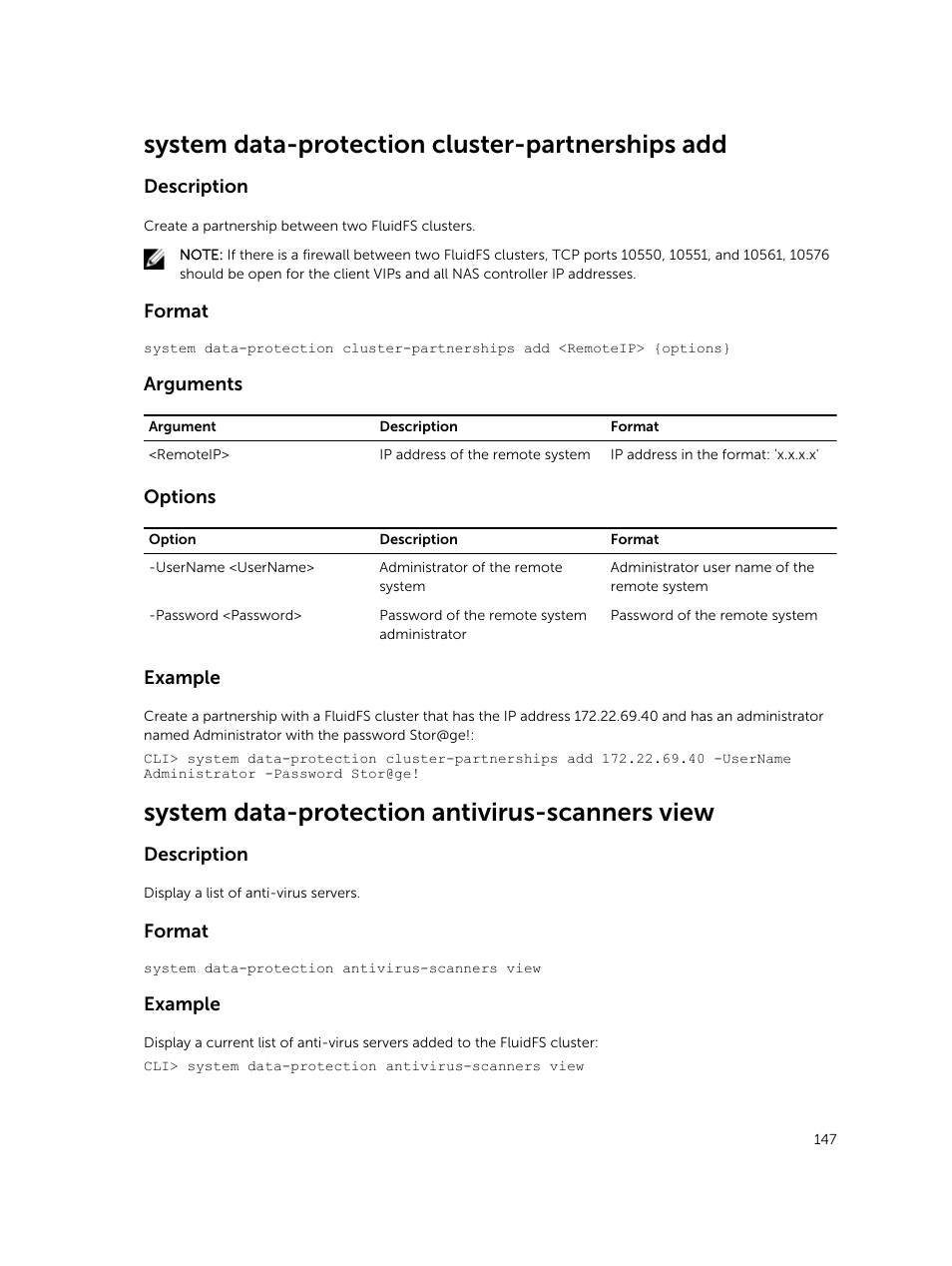 System data-protection cluster-partnerships add, System data-protection antivirus-scanners view | Dell PowerVault NX3600 User Manual | Page 147 / 245