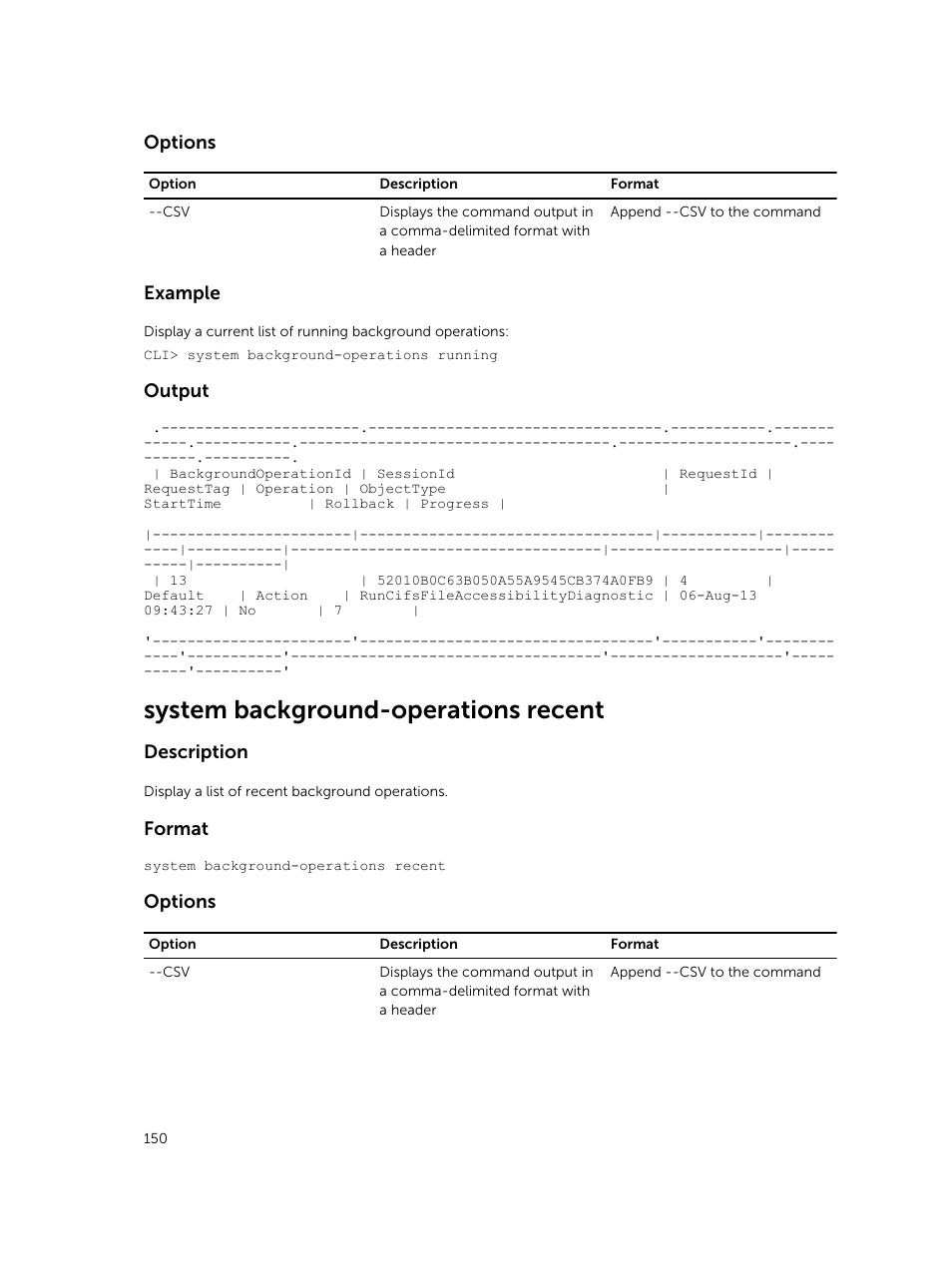 System background-operations recent, Options, Example | Output, Description, Format | Dell PowerVault NX3600 User Manual | Page 150 / 245