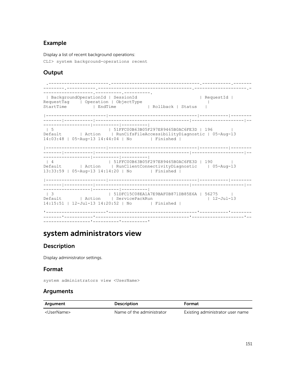 System administrators view, Example, Output | Description, Format, Arguments | Dell PowerVault NX3600 User Manual | Page 151 / 245