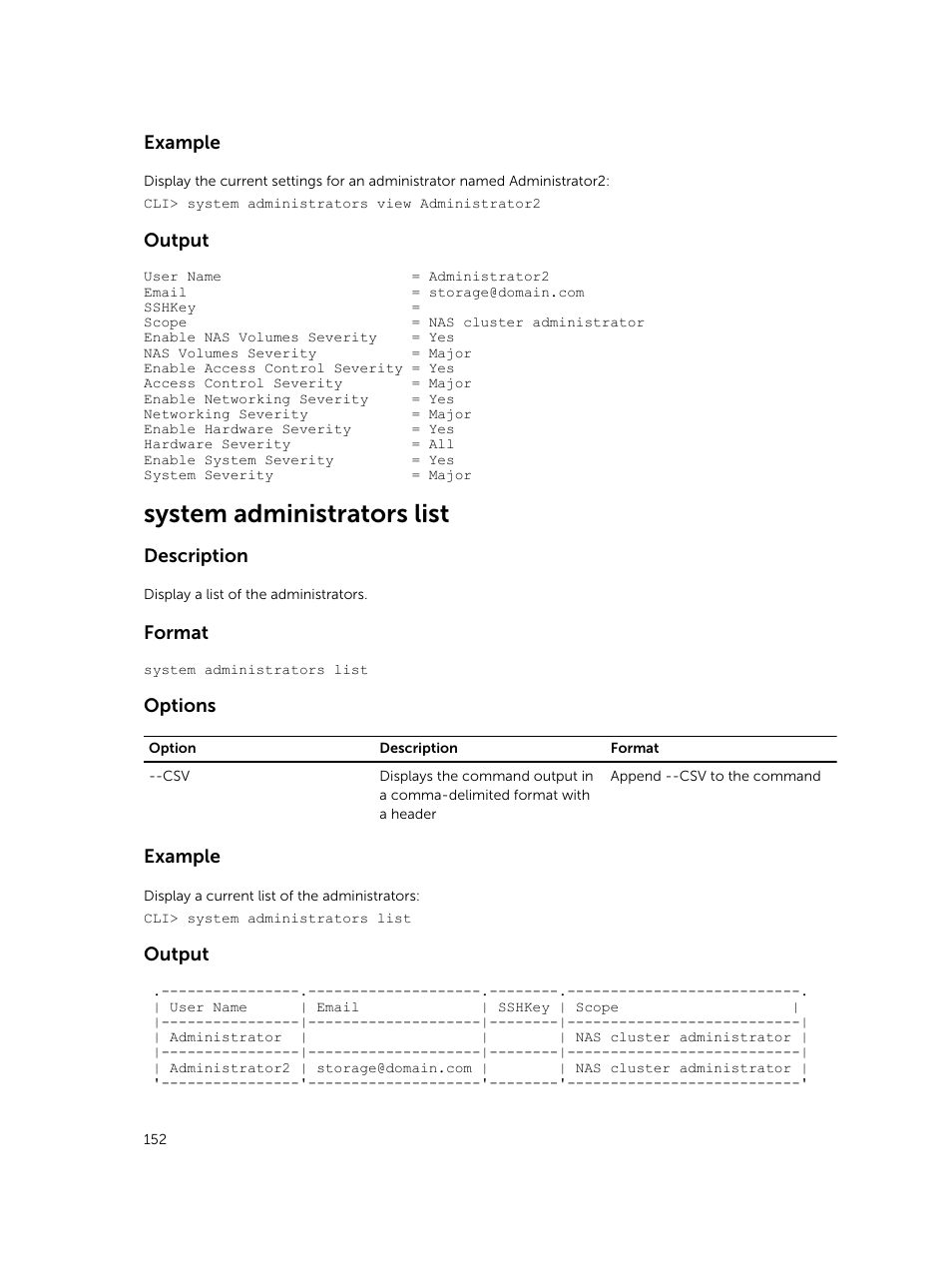 System administrators list, Example, Output | Description, Format, Options | Dell PowerVault NX3600 User Manual | Page 152 / 245