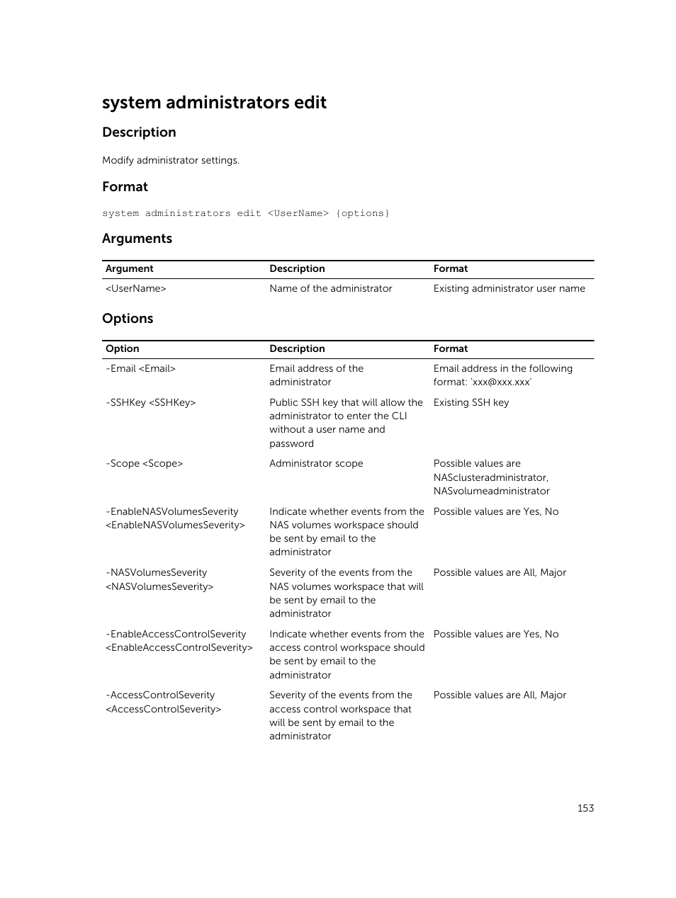 System administrators edit, Description, Format | Arguments, Options | Dell PowerVault NX3600 User Manual | Page 153 / 245