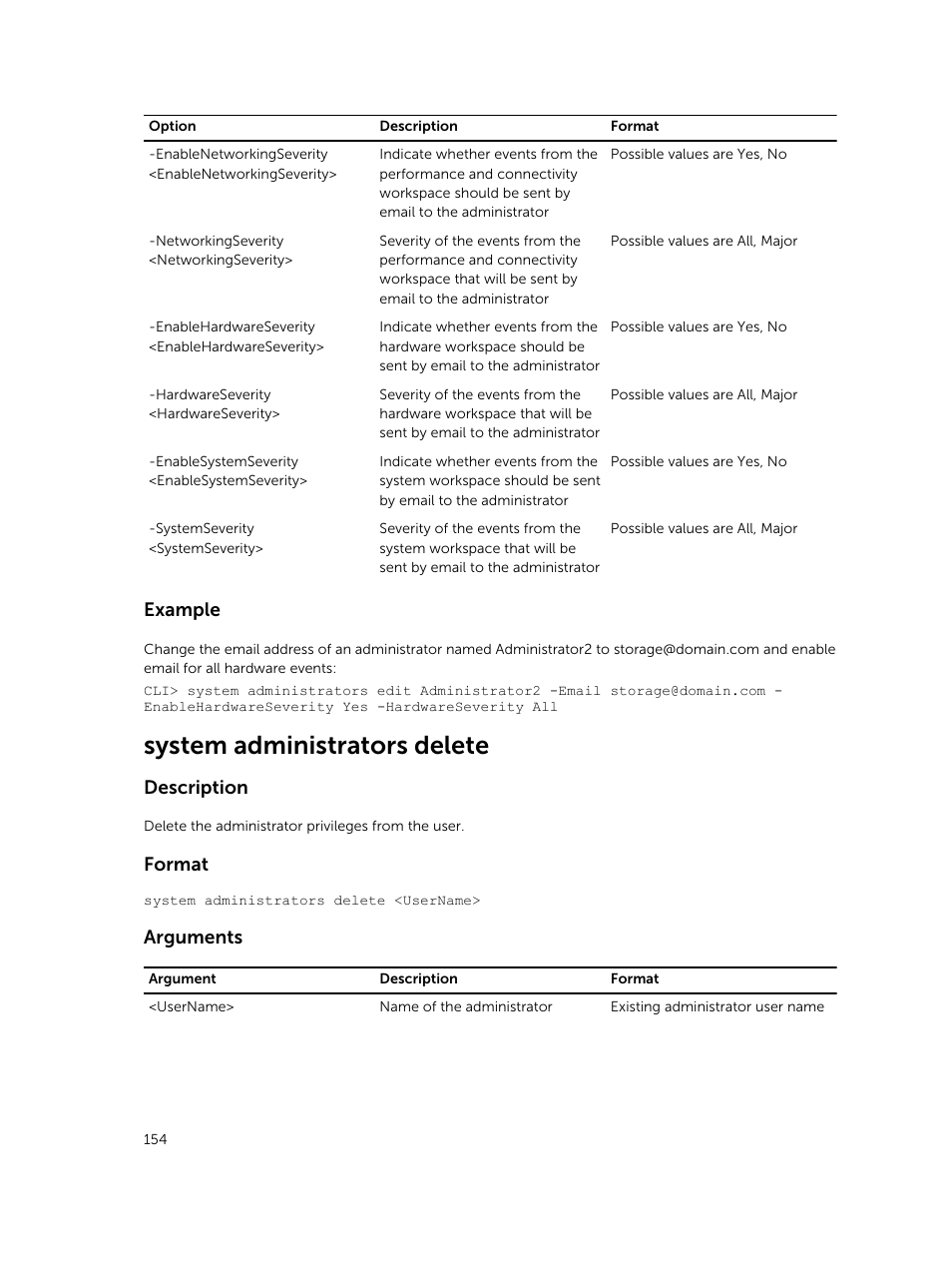System administrators delete, Example, Description | Format, Arguments | Dell PowerVault NX3600 User Manual | Page 154 / 245