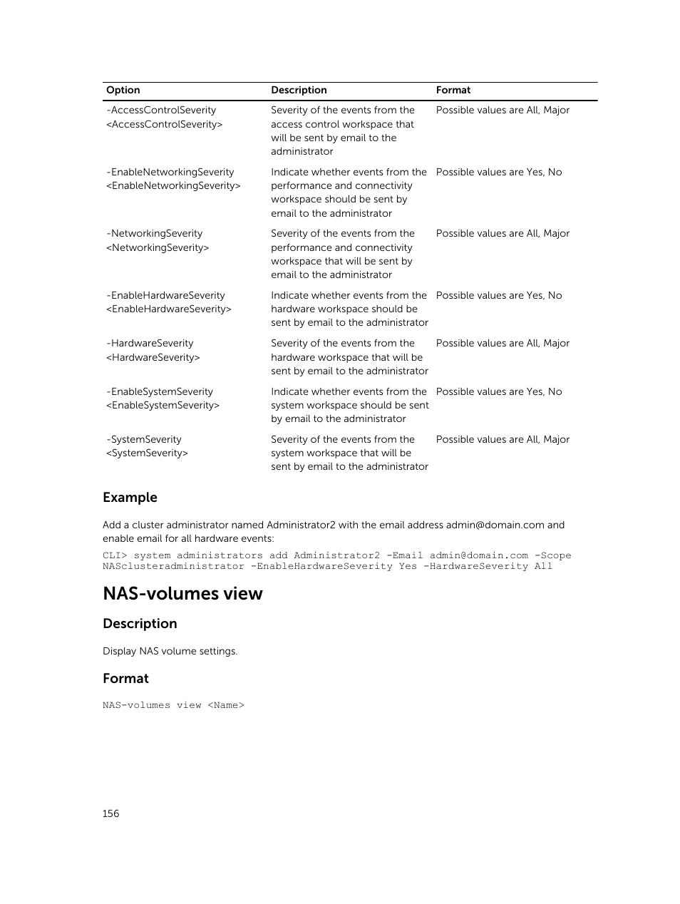 Nas-volumes view, Example, Description | Format | Dell PowerVault NX3600 User Manual | Page 156 / 245