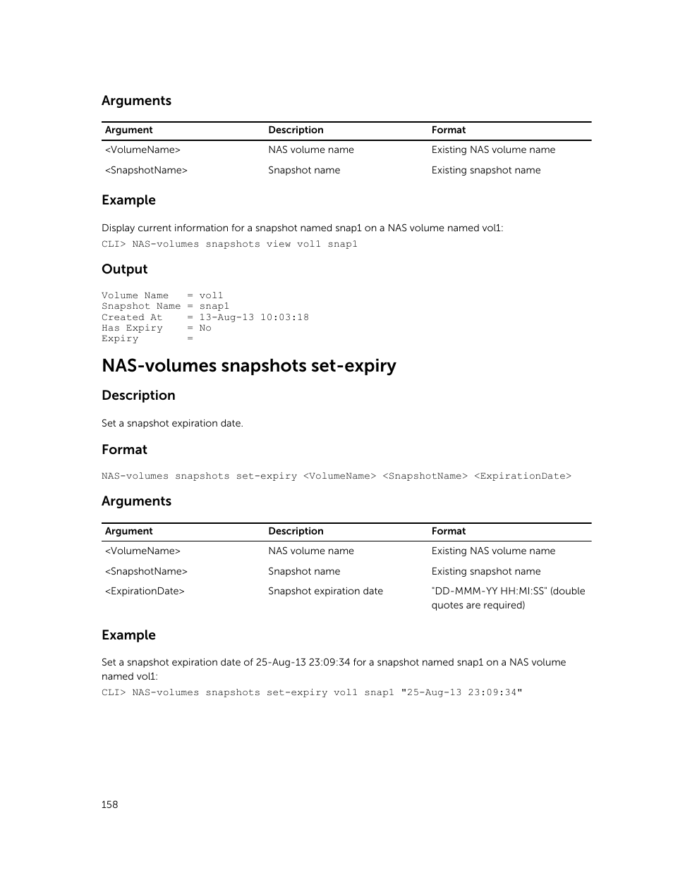 Nas-volumes snapshots set-expiry, Arguments, Example | Output, Description, Format | Dell PowerVault NX3600 User Manual | Page 158 / 245