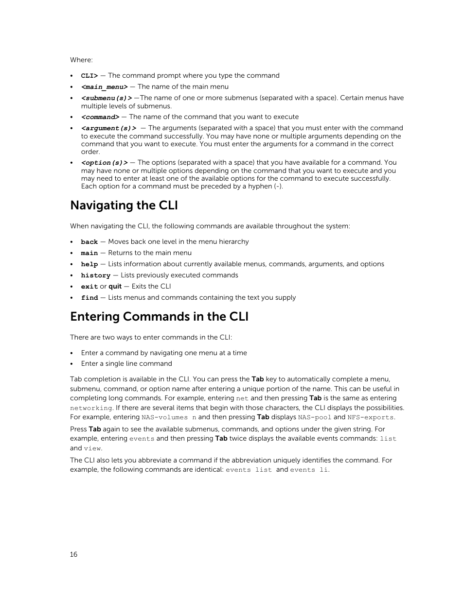 Navigating the cli, Entering commands in the cli | Dell PowerVault NX3600 User Manual | Page 16 / 245