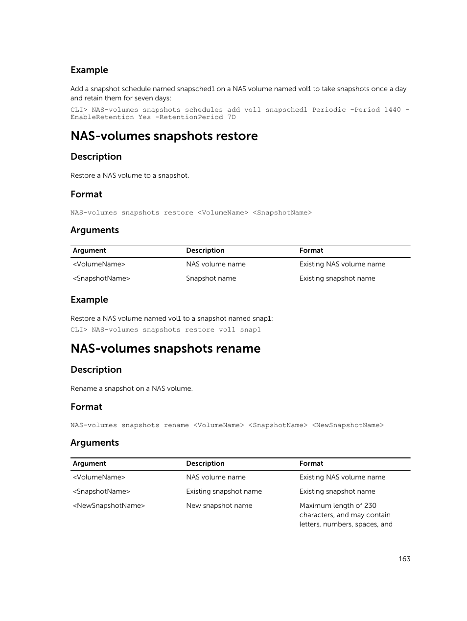 Nas-volumes snapshots restore, Nas-volumes snapshots rename | Dell PowerVault NX3600 User Manual | Page 163 / 245