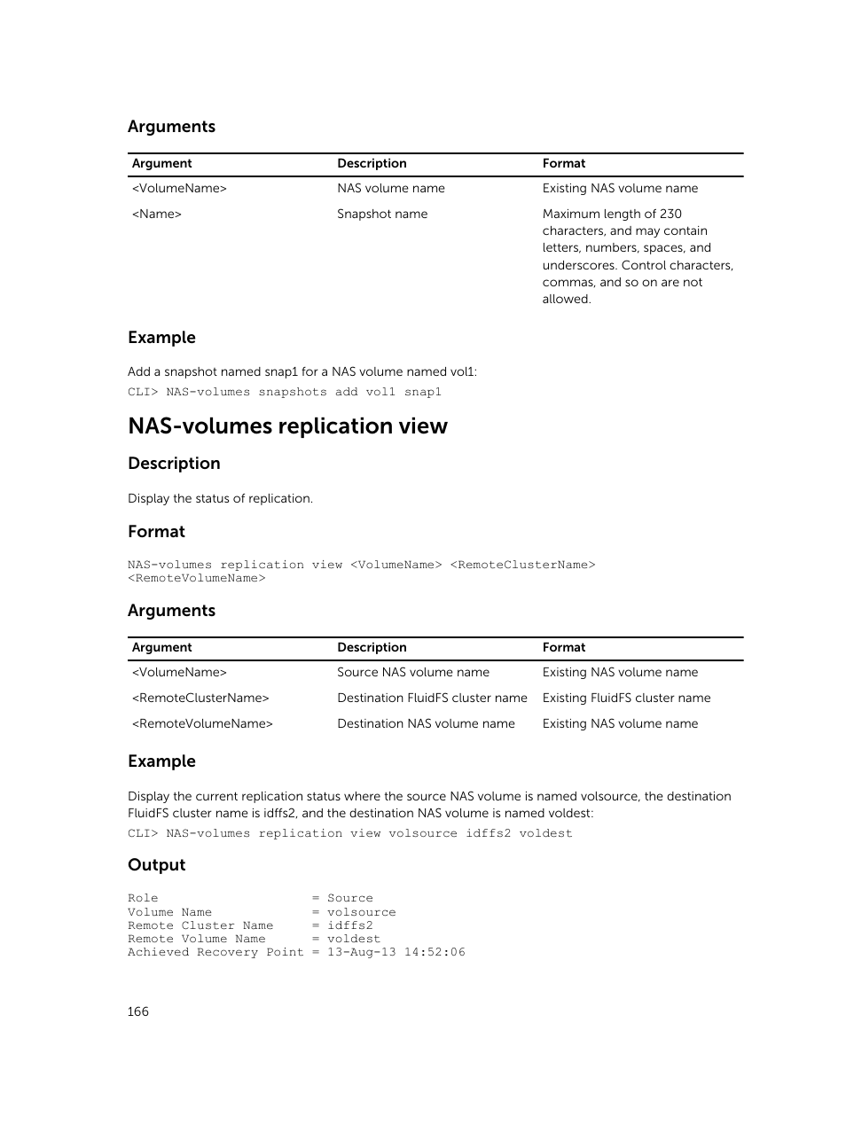 Nas-volumes replication view, Arguments, Example | Description, Format, Output | Dell PowerVault NX3600 User Manual | Page 166 / 245
