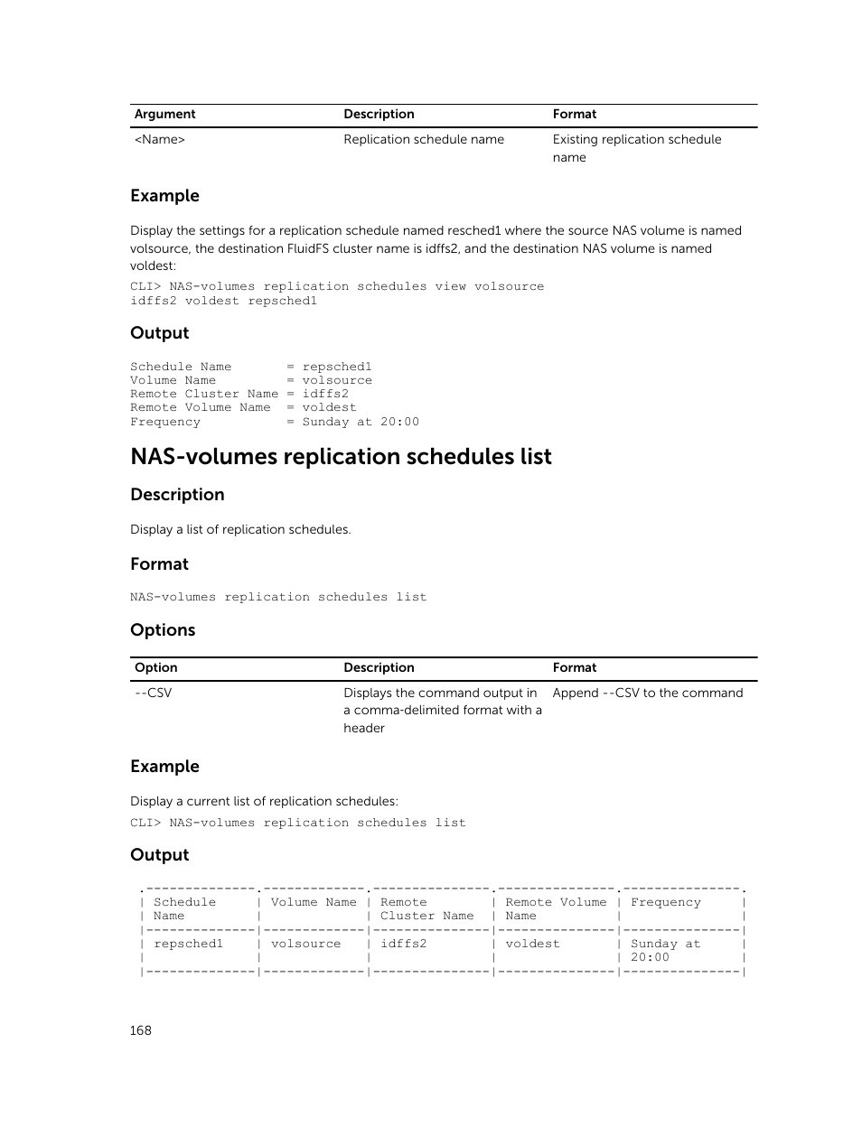 Nas-volumes replication schedules list, Example, Output | Description, Format, Options | Dell PowerVault NX3600 User Manual | Page 168 / 245