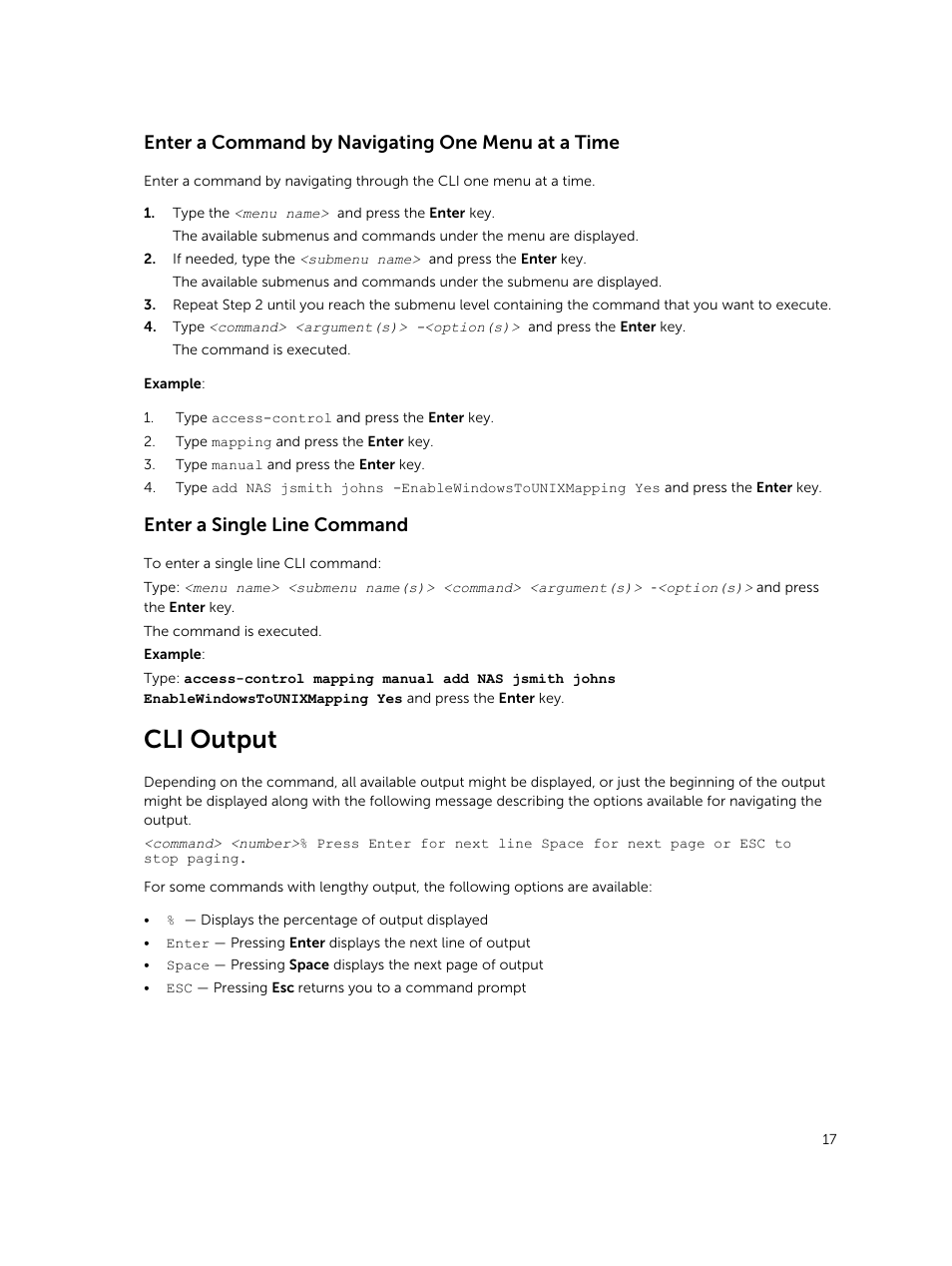 Enter a command by navigating one menu at a time, Enter a single line command, Cli output | Dell PowerVault NX3600 User Manual | Page 17 / 245