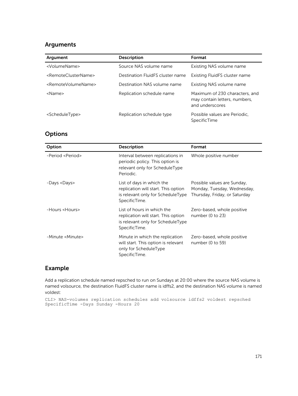 Arguments, Options, Example | Dell PowerVault NX3600 User Manual | Page 171 / 245