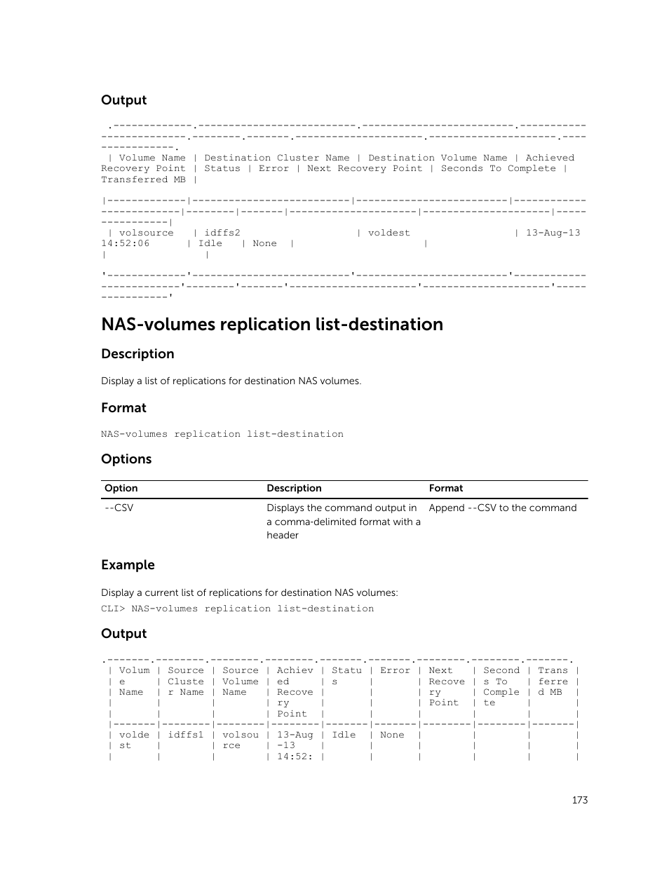 Nas-volumes replication list-destination, Output, Description | Format, Options, Example | Dell PowerVault NX3600 User Manual | Page 173 / 245