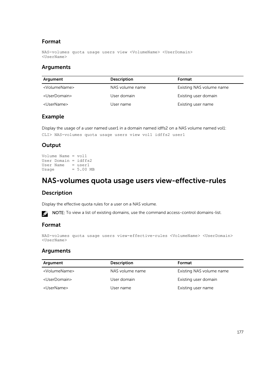 Nas-volumes quota usage users view-effective-rules, Format, Arguments | Example, Output, Description | Dell PowerVault NX3600 User Manual | Page 177 / 245