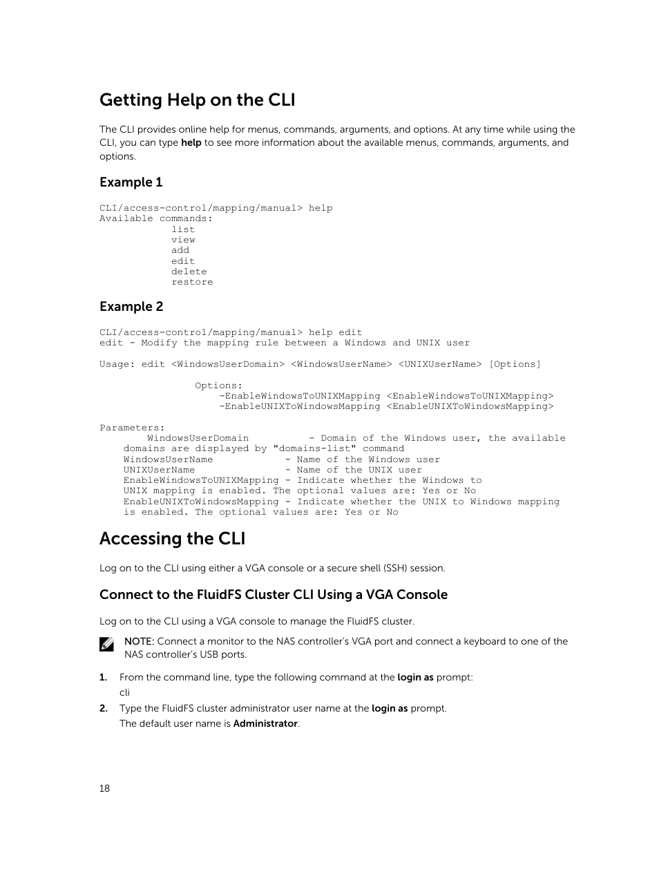 Getting help on the cli, Accessing the cli, Example 1 | Example 2 | Dell PowerVault NX3600 User Manual | Page 18 / 245