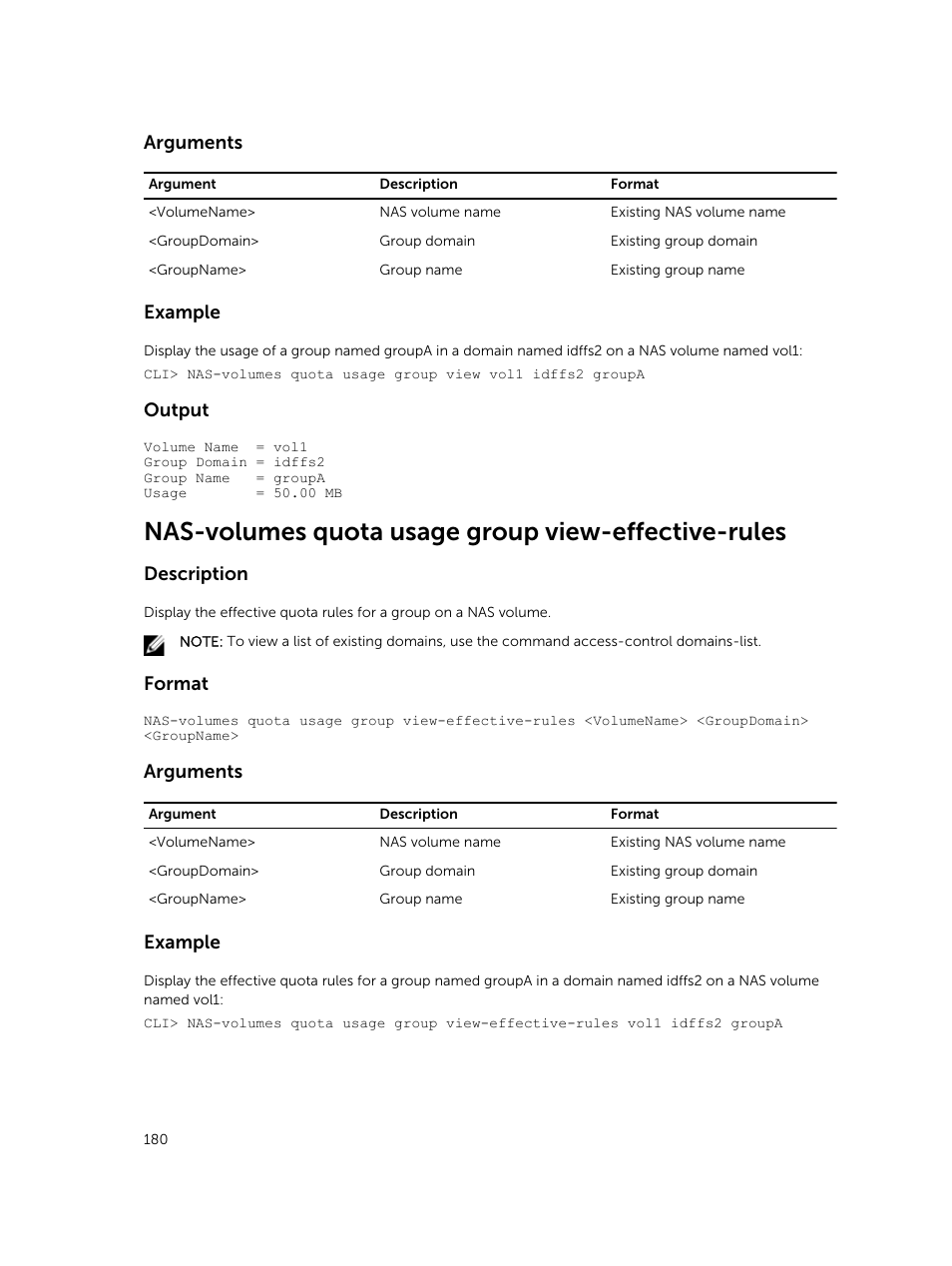 Nas-volumes quota usage group view-effective-rules, Arguments, Example | Output, Description, Format | Dell PowerVault NX3600 User Manual | Page 180 / 245