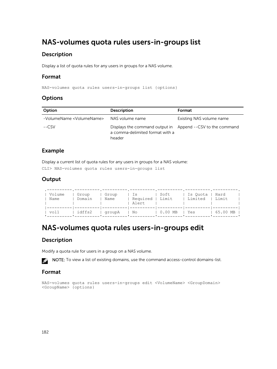 Nas-volumes quota rules users-in-groups list, Nas-volumes quota rules users-in-groups edit | Dell PowerVault NX3600 User Manual | Page 182 / 245