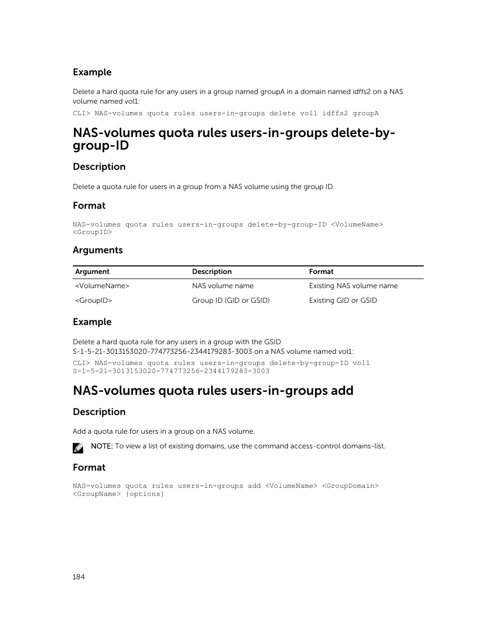 Nas-volumes quota rules users-in-groups add | Dell PowerVault NX3600 User Manual | Page 184 / 245