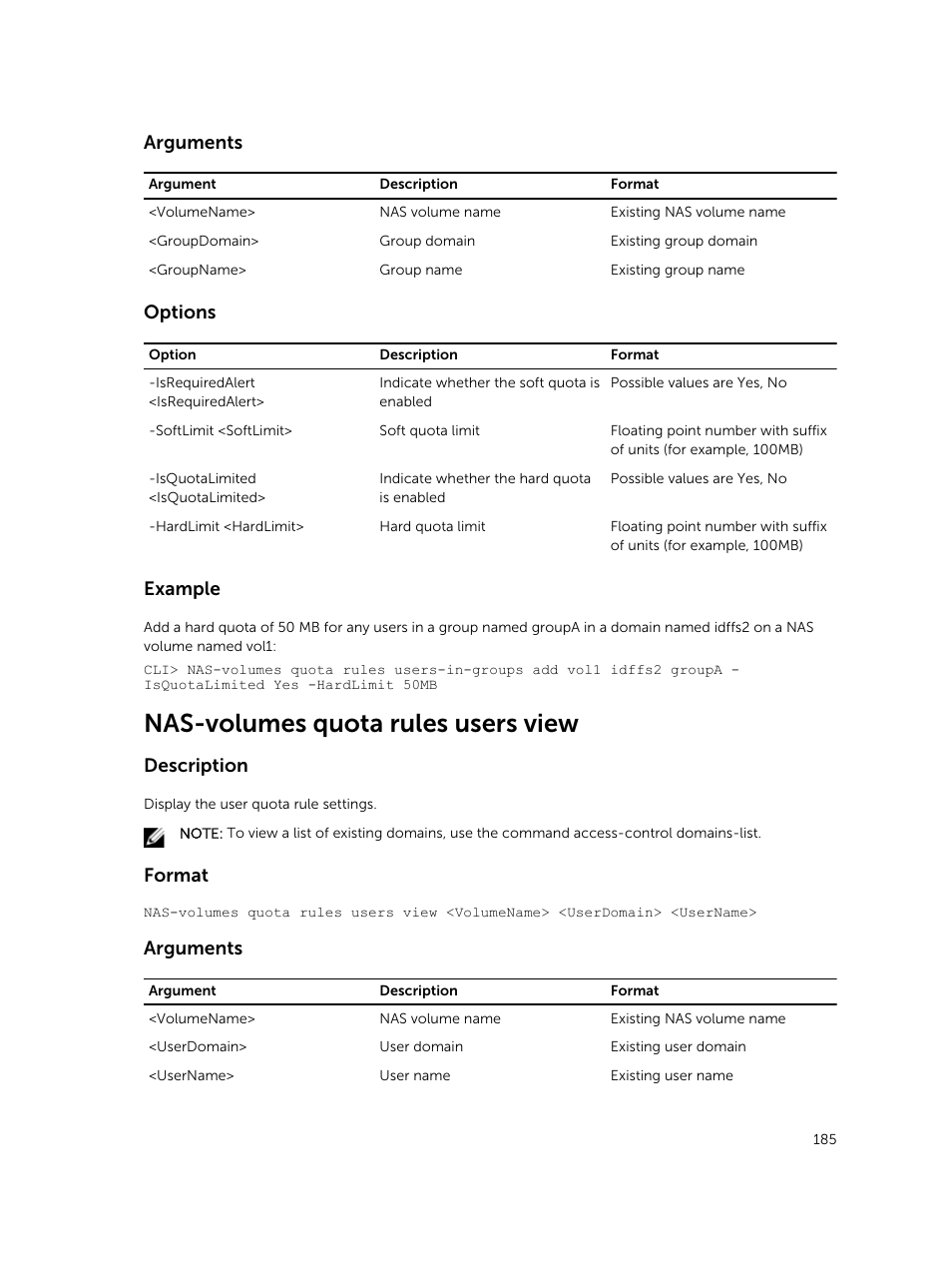Nas-volumes quota rules users view, Arguments, Options | Example, Description, Format | Dell PowerVault NX3600 User Manual | Page 185 / 245