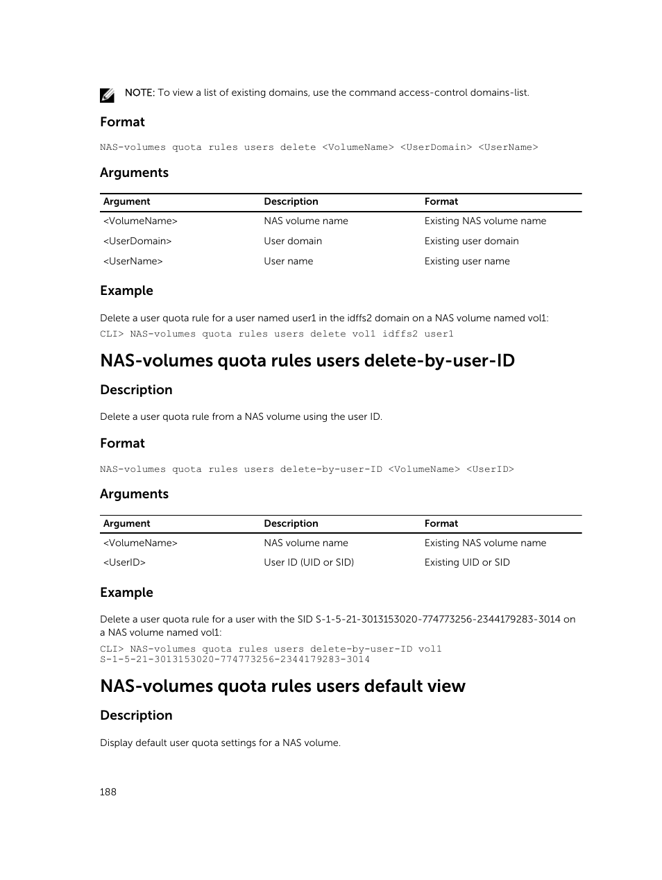 Nas-volumes quota rules users delete-by-user-id, Nas-volumes quota rules users default view | Dell PowerVault NX3600 User Manual | Page 188 / 245