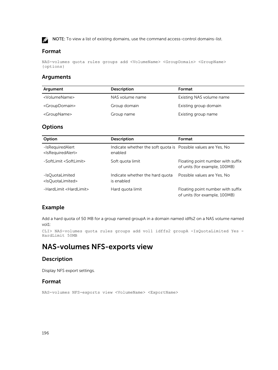 Nas-volumes nfs-exports view, Format, Arguments | Options, Example, Description | Dell PowerVault NX3600 User Manual | Page 196 / 245
