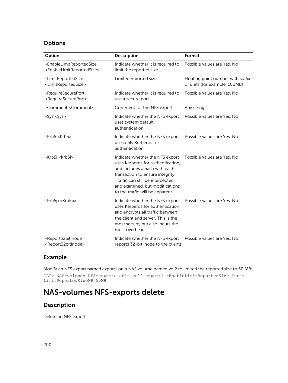 Nas-volumes nfs-exports delete, Options, Example | Description | Dell PowerVault NX3600 User Manual | Page 200 / 245