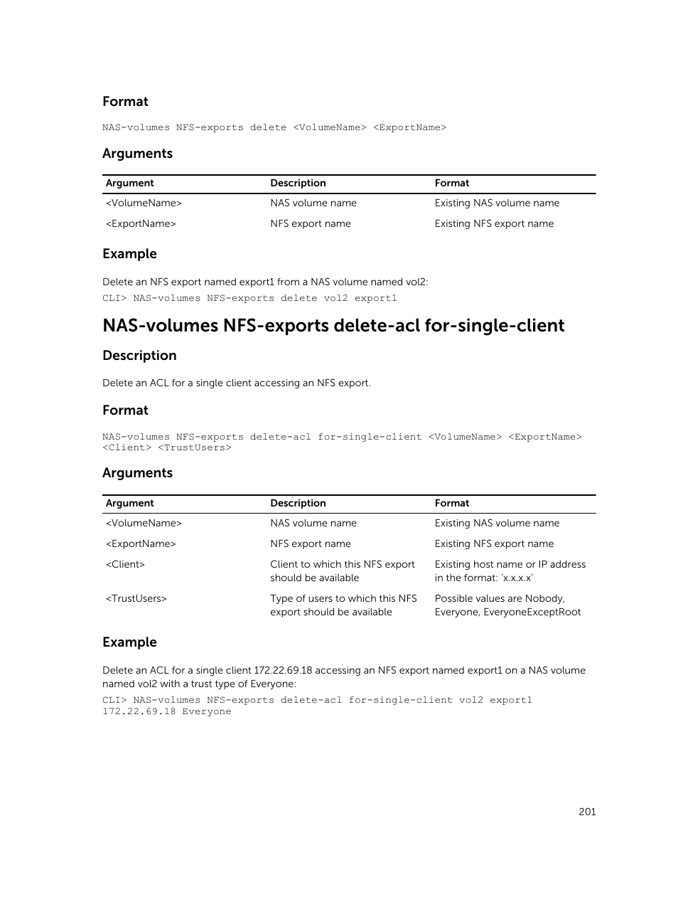 Format, Arguments, Example | Description | Dell PowerVault NX3600 User Manual | Page 201 / 245