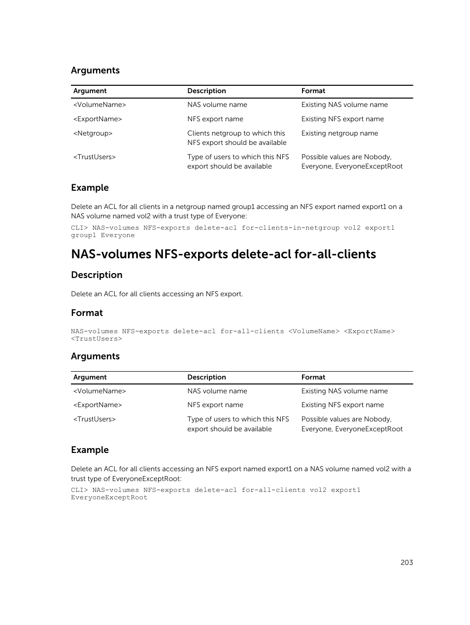 Nas-volumes nfs-exports delete-acl for-all-clients, Arguments, Example | Description, Format | Dell PowerVault NX3600 User Manual | Page 203 / 245