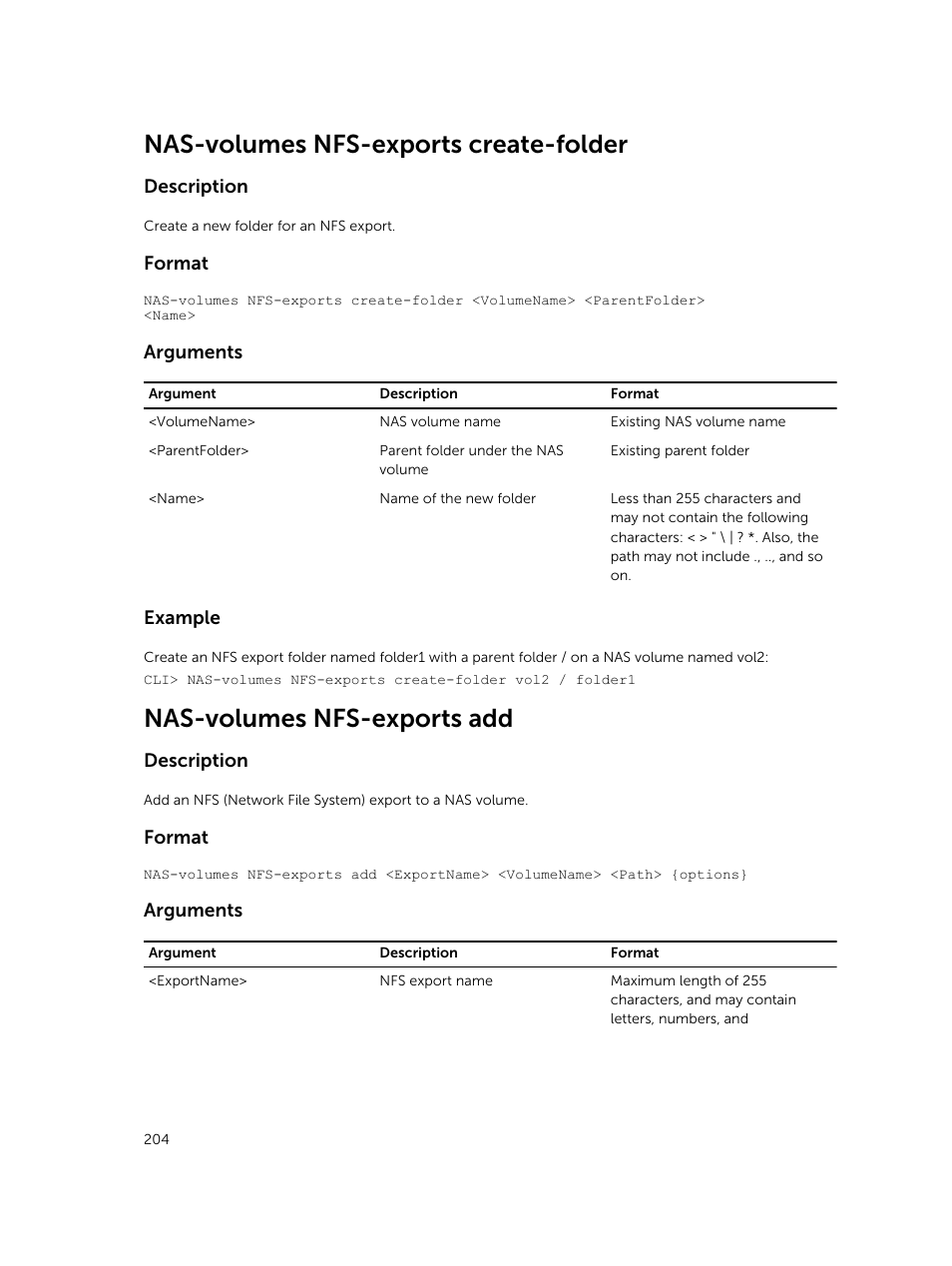 Nas-volumes nfs-exports create-folder, Nas-volumes nfs-exports add | Dell PowerVault NX3600 User Manual | Page 204 / 245