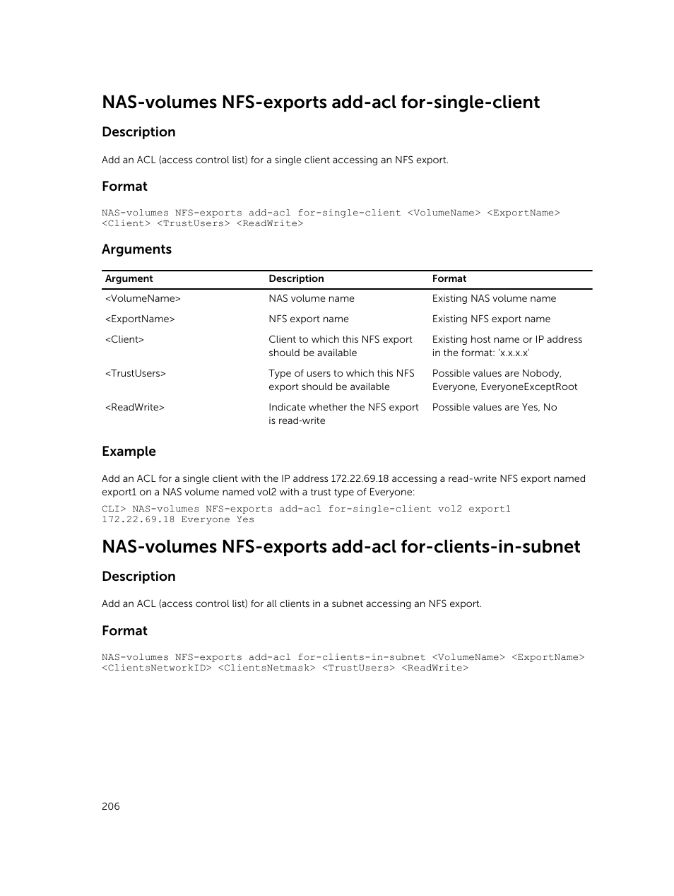 Nas-volumes nfs-exports add-acl for-single-client, Description, Format | Arguments, Example | Dell PowerVault NX3600 User Manual | Page 206 / 245