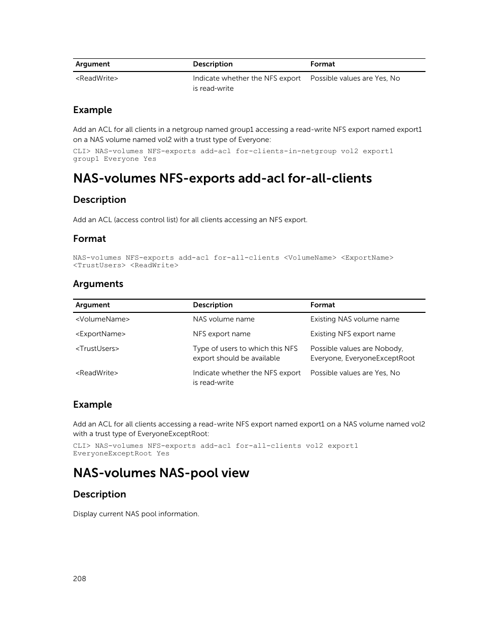 Nas-volumes nfs-exports add-acl for-all-clients, Nas-volumes nas-pool view, Example | Description, Format, Arguments | Dell PowerVault NX3600 User Manual | Page 208 / 245