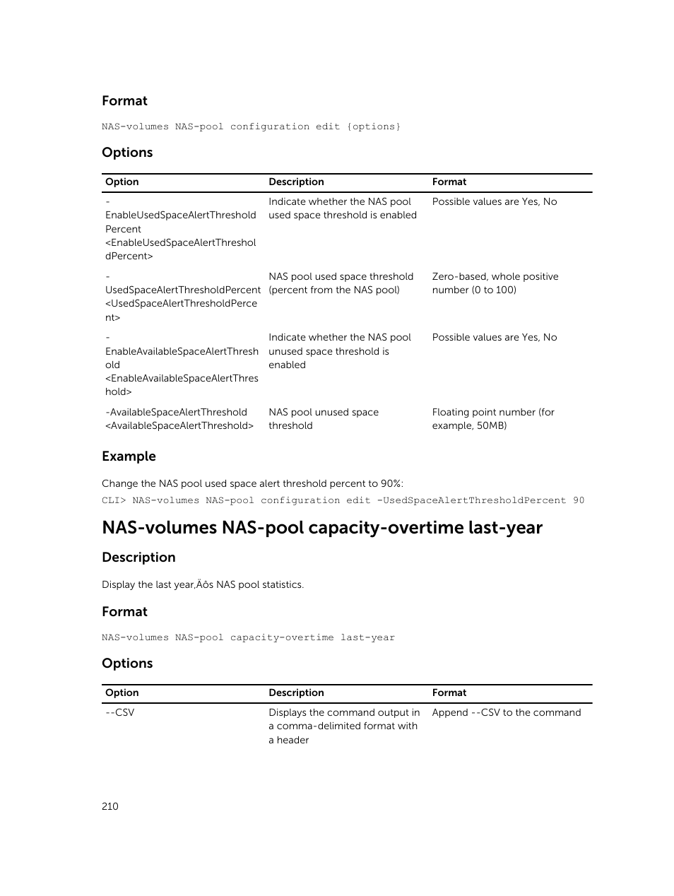 Nas-volumes nas-pool capacity-overtime last-year, Format, Options | Example, Description | Dell PowerVault NX3600 User Manual | Page 210 / 245