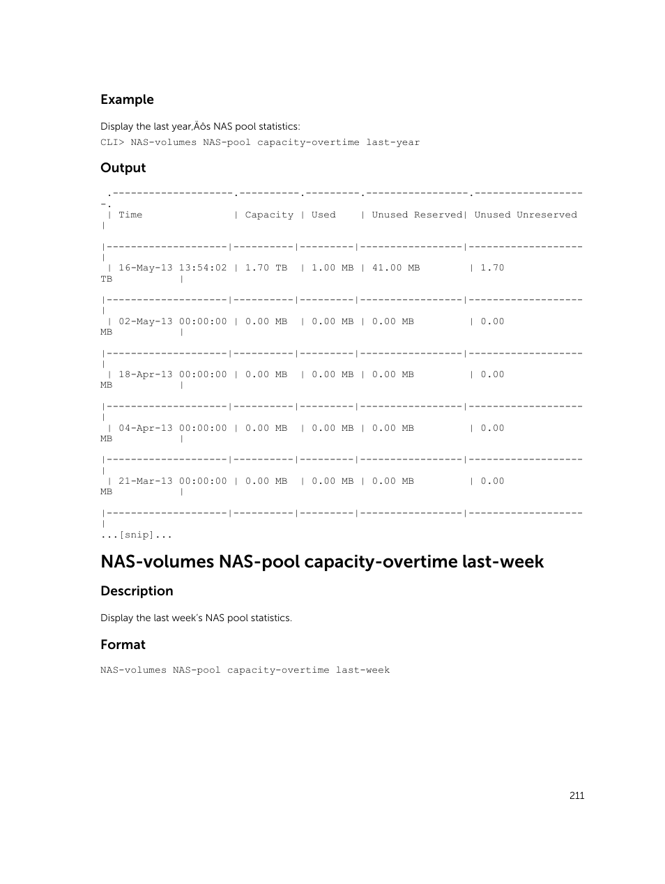 Nas-volumes nas-pool capacity-overtime last-week, Example, Output | Description, Format | Dell PowerVault NX3600 User Manual | Page 211 / 245